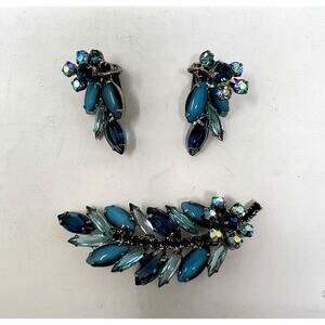 Juliana D&E Vintage Blue Iridescent Rhinestone Leaf Brooch and Clip Earrings